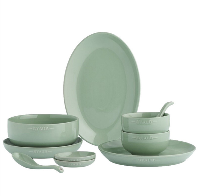 staub 自然秘境陶瓷餐碗盤餐具10件組, 10個餐碗盤餐具, 莫蘭迪綠, 1組