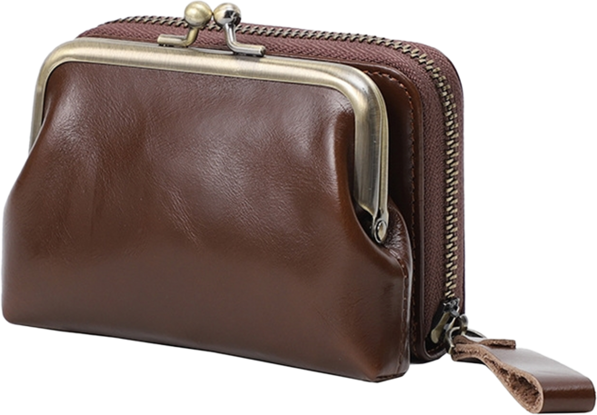 頭層油蠟牛皮2合一 女士口金零錢包 咖啡色 LH902, 1個