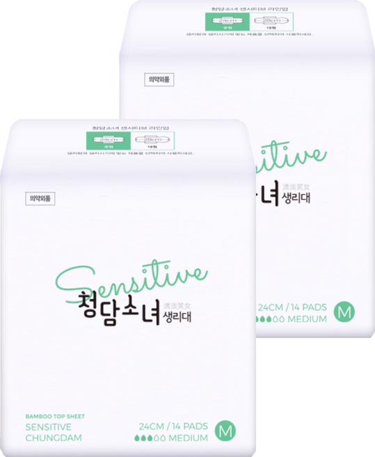 [비건라이프] 청담소녀 센서티브 생리대 날개형, 중형, 14개입, 2개