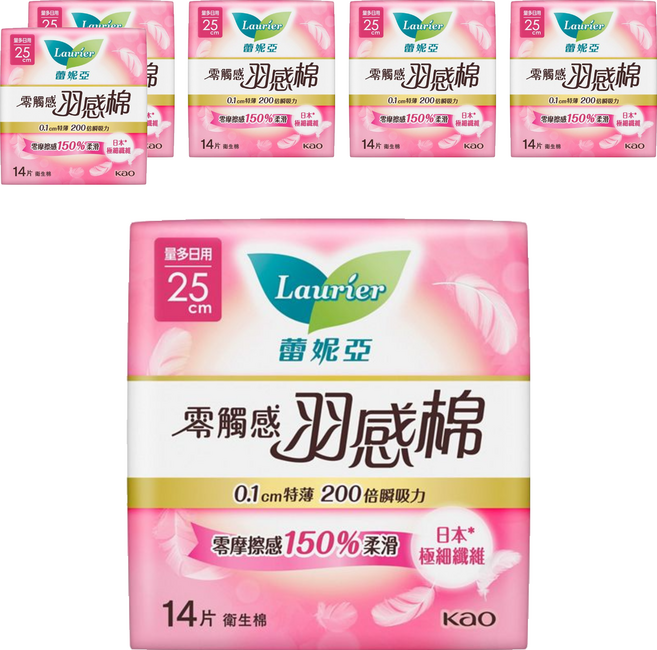Laurier 蕾妮亞 台灣公司貨 零觸感特薄 0.1cm 羽感棉 衛生棉 量多日用加長型, 25cm, 14片, 6包