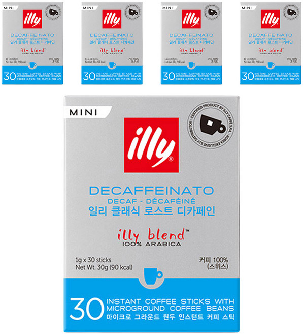일리 클래식 로스트 디카페인 미니 원두커피스틱, 1g, 30개입, 5개