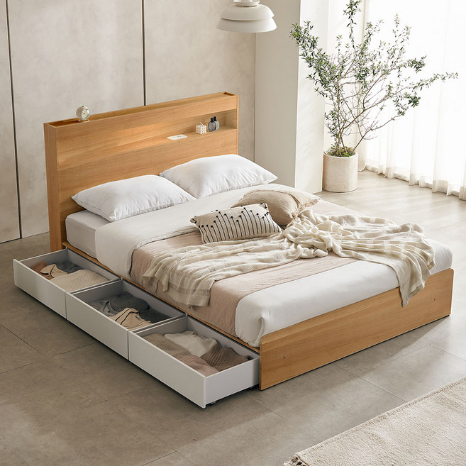 라온퍼니쳐 멜로우 LED 수납 침대 프레임 단품 방문설치, 메이플콤비