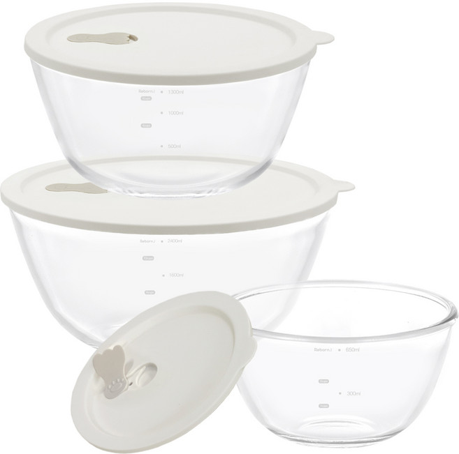 리본제이 내열유리 계량 믹싱볼 + 실리콘 스팀홀 뚜껑 세트, 믹싱볼 3종 + 뚜껑 3종, 1세트