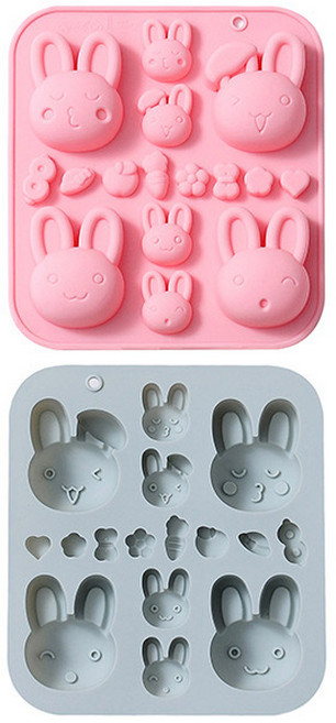 이홈베이킹 4가지 표정 토끼 주먹밥틀 실리콘 몰드 2종 세트, 블루, 핑크, 1세트