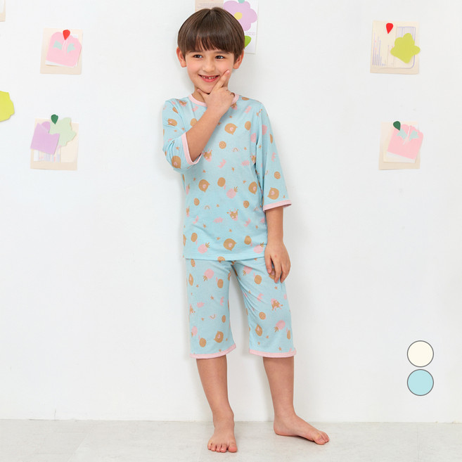 롤리트리 곰돌이 배색 통기성 인견 7부 실내복 상하의 세트