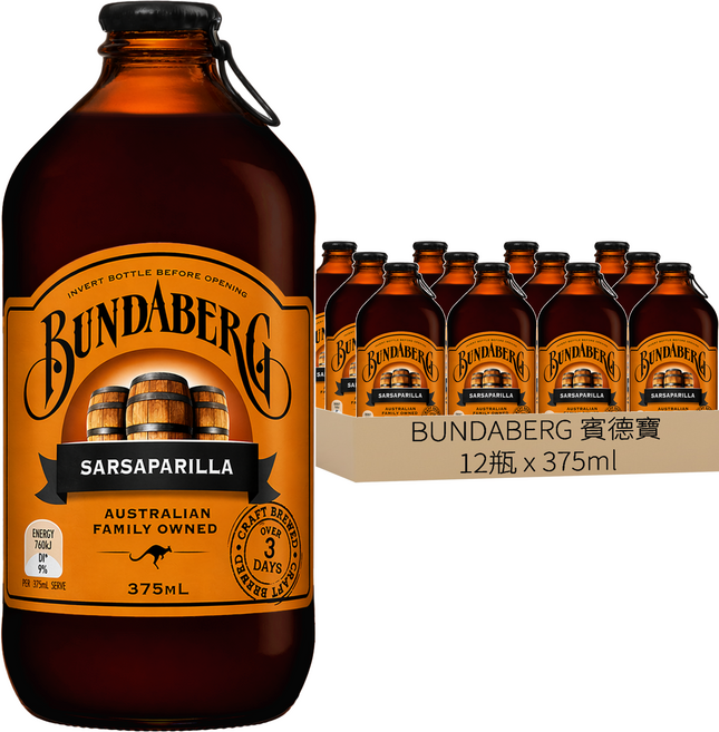 BUNDABERG 賓德寶 沙士風味氣泡飲, 12個, 375ml