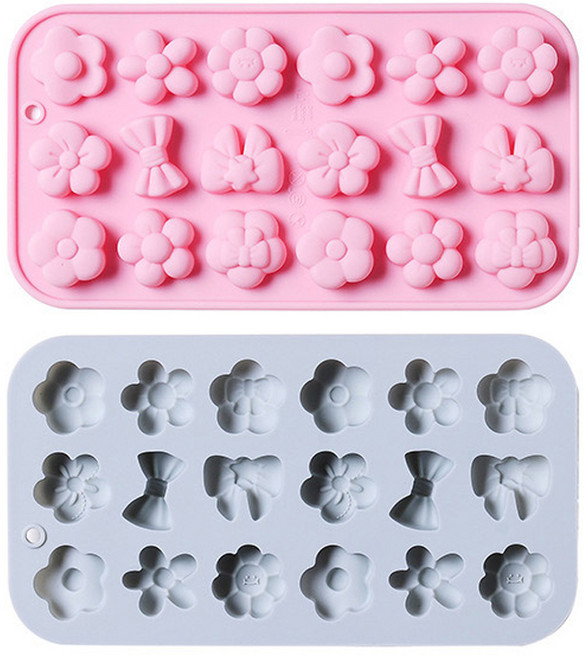 리본 여러가지 꽃모양 18구 실리콘몰드 2종 세트, 블루 + 핑크, 1세트
