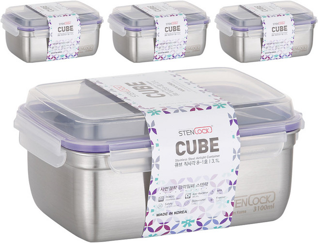 스텐락 큐브 직사각 밀폐용기, 4개, 3.1L