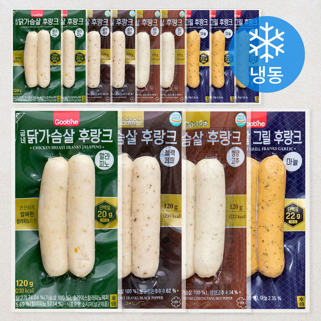 굽네 닭가슴살 후랑크 120g 마늘 3개입 + 청양고추 2개입 + 블랙페퍼 2개입 + 할라피노 2개입 세트 1080g (냉동), 1.08kg, 1세트