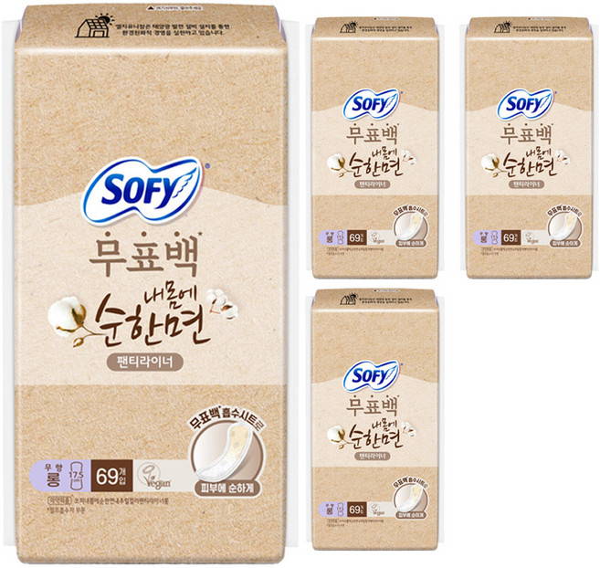 쏘피 내몸에 순한면 내추럴컬러 팬티라이너, 롱, 69개입, 4개