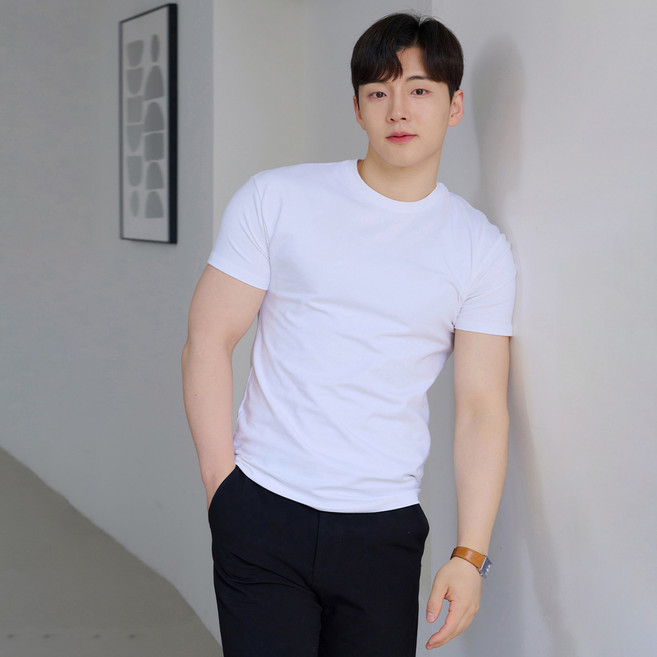 핵쿨남 남성용 머슬핏 반팔 라운드 티셔츠