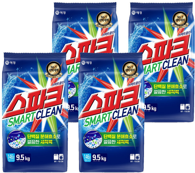 스파크 스마트 클린 분말세제 리필, 9.5kg, 4개