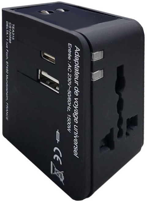 好米 多國旅行充電器 USB接口 + Type-C接口, 黑色, 1個, 55mm