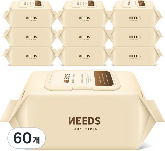 NEEDS 브라운 저자극 도톰 엠보싱 아기물티슈 캡형, 78g, 70매, 60개