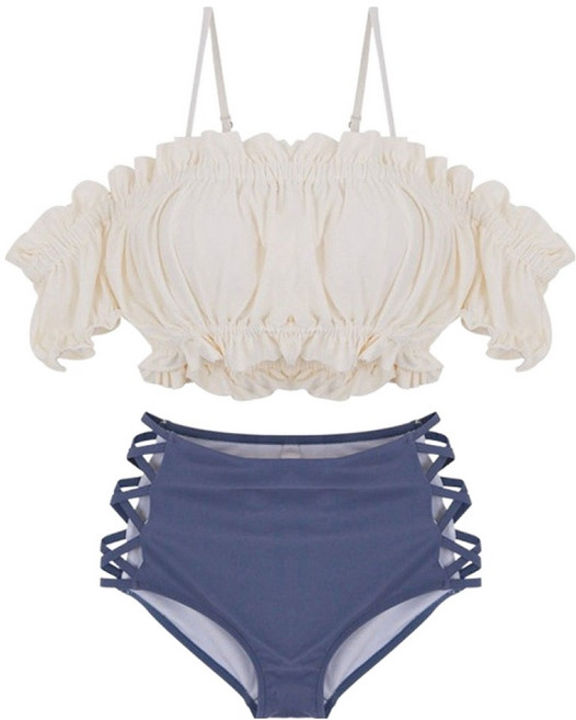 愛北鼻 女生INS爆款比基尼 一字領比基尼三件組, 上衣白色 褲子淺紫色
