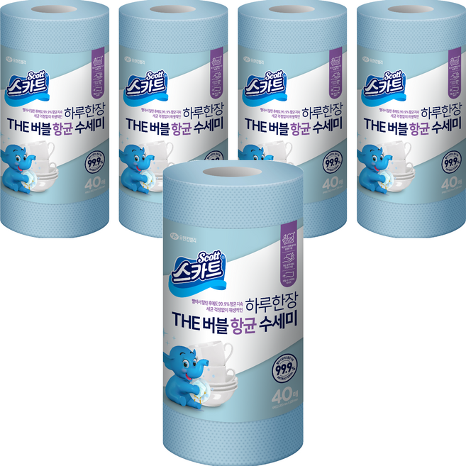 스카트 하루한장 THE 버블 항균 수세미, 스카이블루, 40개, 5개
