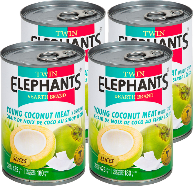 TWIN ELEPHANTS 雙象地球牌 嫩椰子肉片, 425g, 4罐