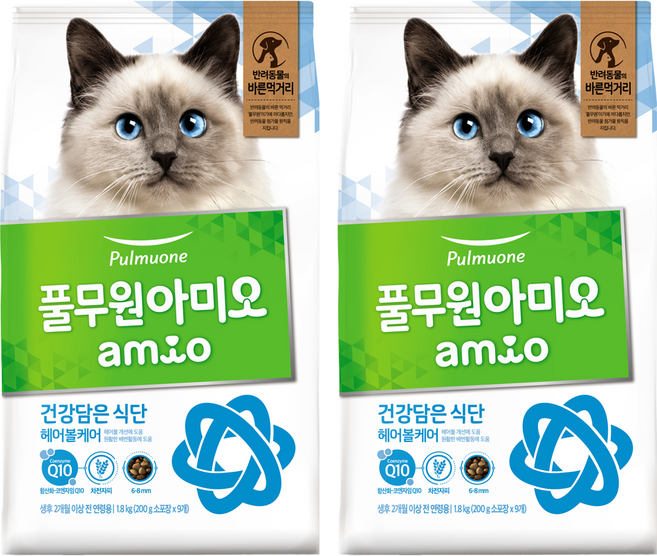 풀무원아미오 고양이 건강담은 식단 기능성 사료, 헤어볼, 1.8kg, 2개