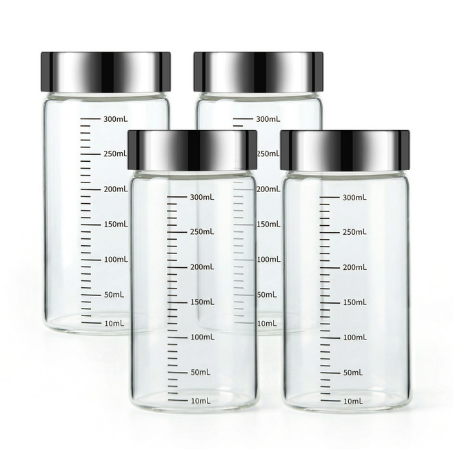 코멧 홈 내열유리 눈금 유리병 뚜껑 포함, 4개, 300ml