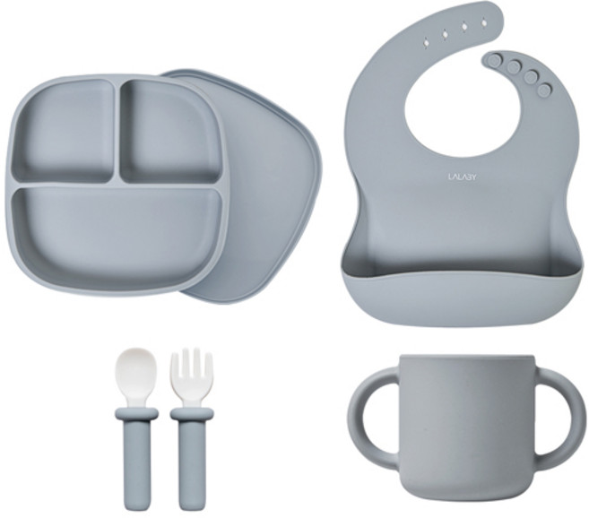 랄라비 유아용 아이주도 이유식 플러스 식기 4종 세트, 04 Gray, 흡칙식판 + 플러스 스푼 포크 + 케이스 + 턱받이 + 컵, 1세트