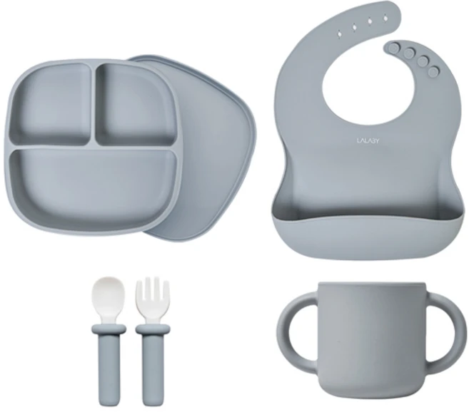 랄라비 유아용 아이주도 이유식 플러스 식기 4종 세트, 04 Gray, 흡칙식판 + 플러스 스푼 포크 + 케이스 + 턱받이 + 컵, 1세트 - 쿠팡