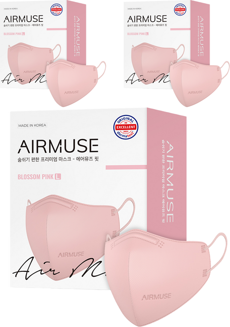 에어뮤즈 핏 2D 새부리형 마스크 성인용 대형, 25개입, 3개, 블라썸핑크