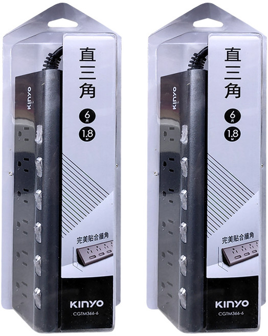 Kinyo 6開6插三角延長線 3孔 CGTM366-6, 1.8m, 黑銀色, 2條
