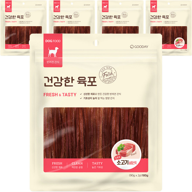 굿데이 강아지 건강한 육포, 소프트 소고기 슬림스틱, 180g, 5개