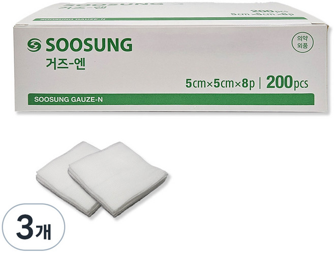 수성 거즈 엔 5cm x 5cm 8겹, 200매입, 3개