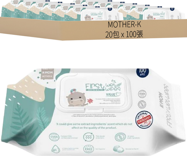 MOTHER-K 自然純淨嬰幼兒濕紙巾 掀蓋柔花款 100張, 20包