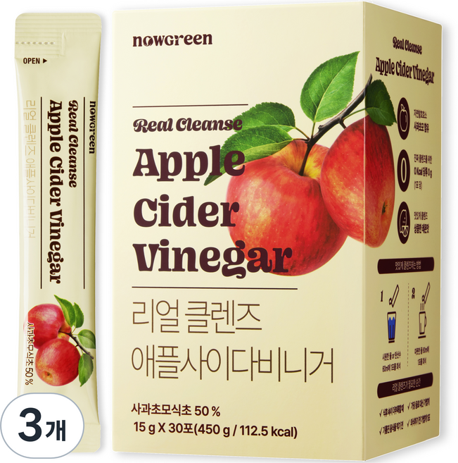 나우그린 정품 리얼 클렌즈 애플사이다비니거 30p, 450g, 3개