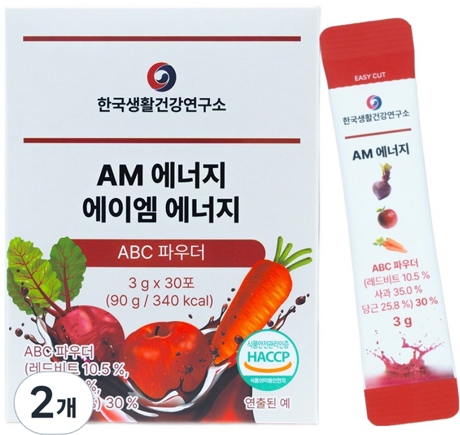 한국생활건강연구소 ABC 파우더 AM에너지 멀티 비타민 B C 믹스베리맛 30p, 2박스, 90g