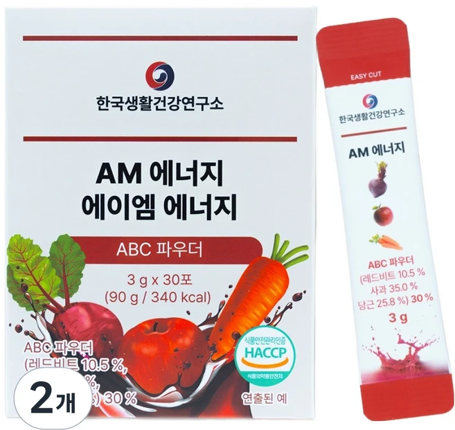 한국생활건강연구소 ABC 파우더 AM에너지 멀티 비타민 B C 믹스베리맛 30p, 2박스, 90g - 쿠팡