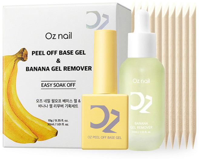 오즈네일 바나나 필 오프 베이스젤 10g + 젤 리무버 30ml + 오렌지 우드스틱 10p 세트, 1세트