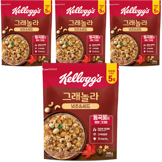 켈로그 넛츠 앤 씨드 그래놀라 시리얼, 500g, 4개
