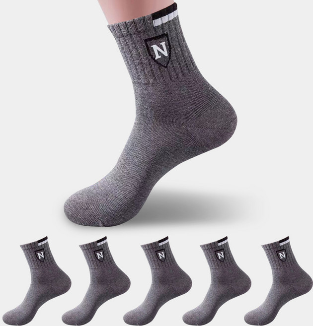 데이코지 통풍이 잘되는 남성용 프리미엄 스포츠 양말, 다크 그레이, 5개
