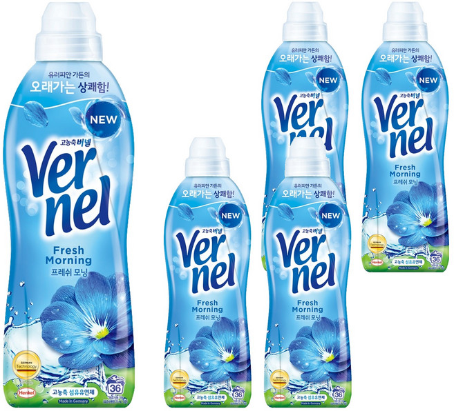 버넬 고농축 섬유유연제 프레쉬 모닝향 본품, 900ml, 5개