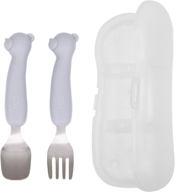 티지엠 곰돌이 캐릭터 실리콘 스테인리스 이유식 스푼 포크 세트 쁘띠 에디션, 애쉬블루, 1세트