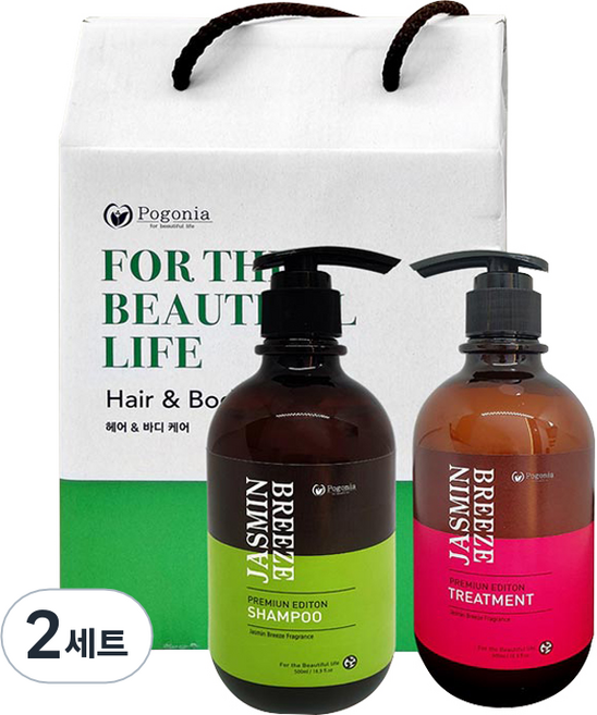 포고니아 모링가 자스민 브이즈 샴푸 500ml + 트리트먼트 500ml 헤어 2종 선물세트 + 쇼핑백, 2세트, 샴푸 + 트리트먼트