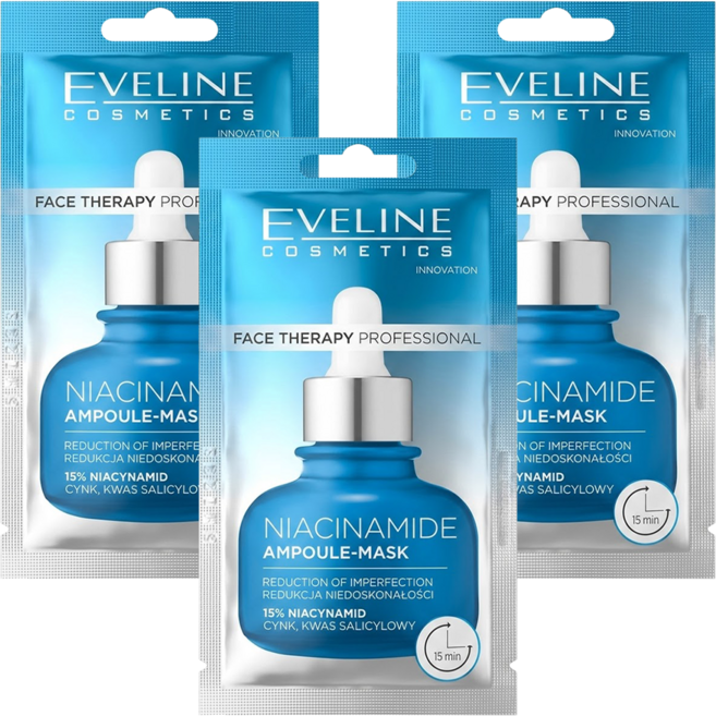 EVELINE 波蘭原裝 Eve Cos 一整瓶安瓶精華乳霜面膜 15%菸鹼醯胺NIACINAMIDE 抗粉刺縮毛孔 藍綠色 8ml, 3包, 1組