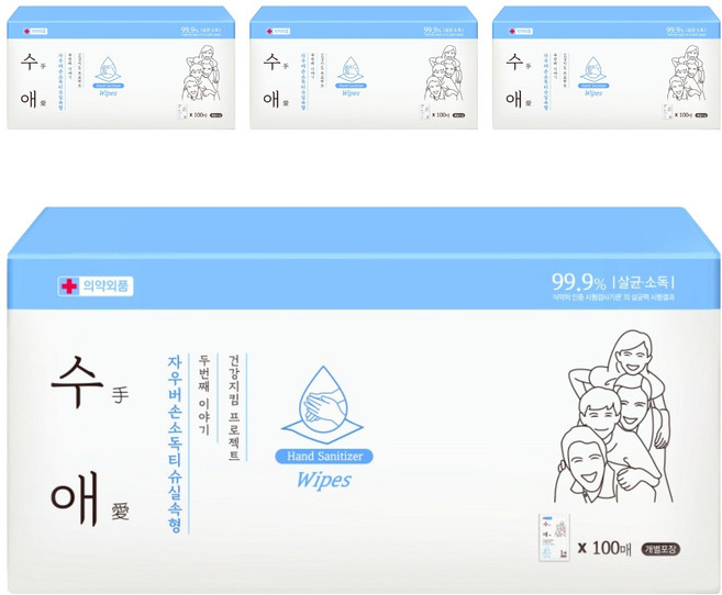자우버 수애 손소독 티슈 실속형, 4개, 100개입, 1g