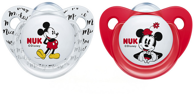 NUK 迪士尼 安睡型矽膠安撫奶嘴 2入組, 0-6個月, 米妮+米奇 紅色 + 白色, 2個