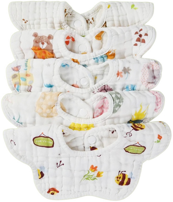 ilody 口水兜 紗布6層 100%純棉 森林奇趣, 森林奇趣 白色, 5條, 1組