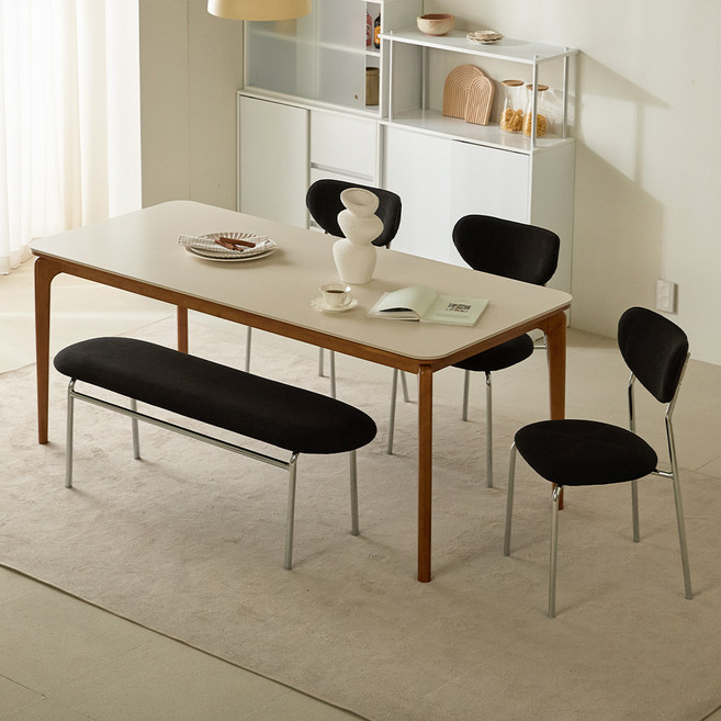 파로마 리샤르 세라믹 원목식탁 1800 + 벤치 + 의자3p 세트 6인용 방문설치, 월넛(프레임), 월넛베이지(상판), 블랙(벤치, 의자)