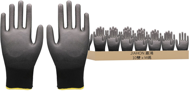 嘉鴻牌 合手型棉紗手套_pu塗掌手套(黑色)_m碼 10雙/包, 黑色, 1入