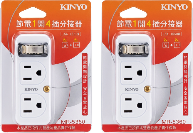 Kinyo 節電1開4插分接器 2孔/3孔, 51mm, 白色, 2個