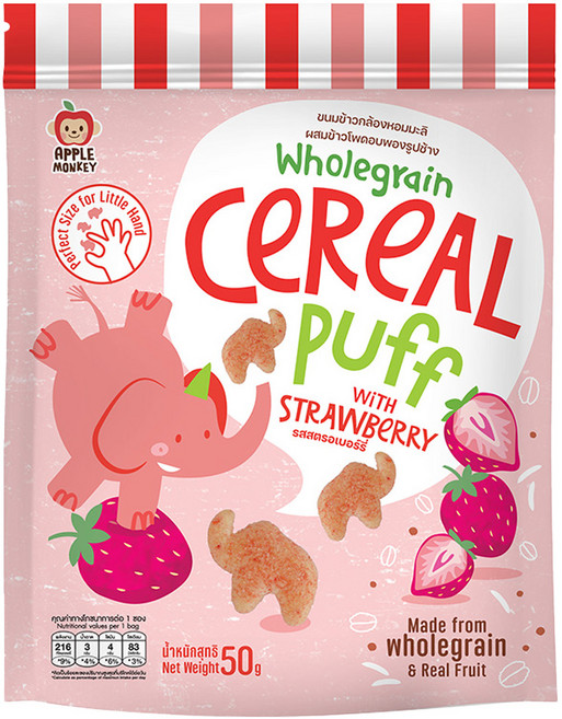APPLE MONKEY 愛啵寶寶 象象泡芙麥片, 草莓, 50g, 1包