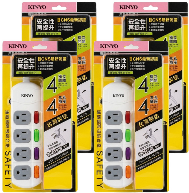 Kinyo 延長線 4開4孔, 4個, 1.8m