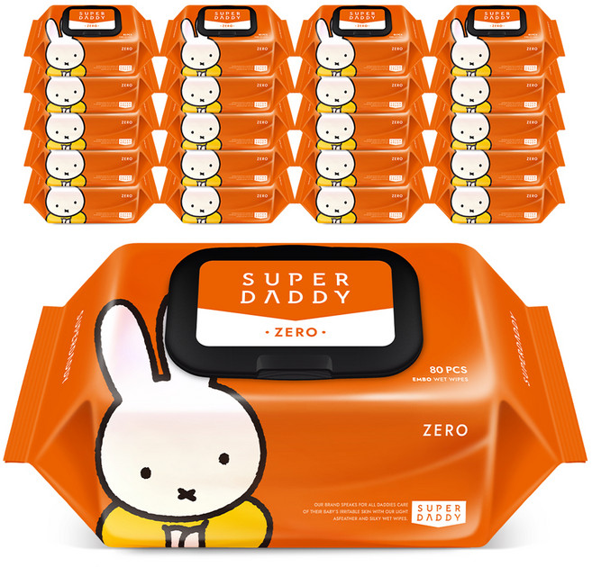 슈퍼대디 제로 유아물티슈 엠보싱 캡형, 55g, 80매, 20세트