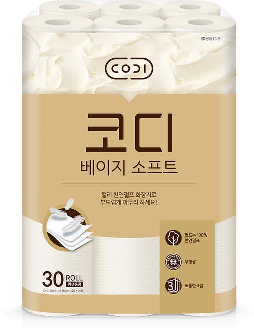 코디 베이지소프트 3겹 천연펄프 롤화장지, 30m, 30개입, 1개